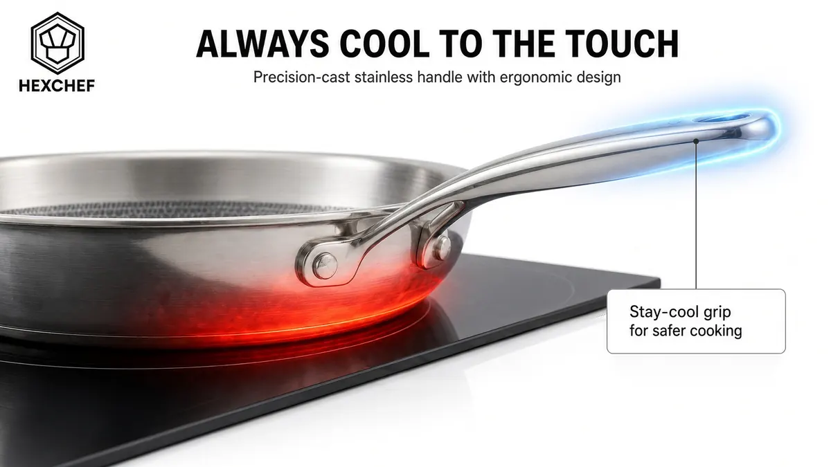 HexChef frying pan on a hob with a stay-cool stainless steel handle
