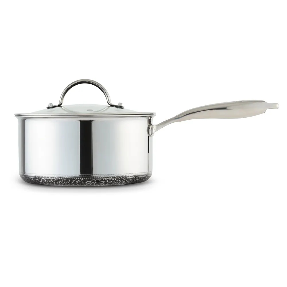 Side view of a HexChef saucepan with glass lid