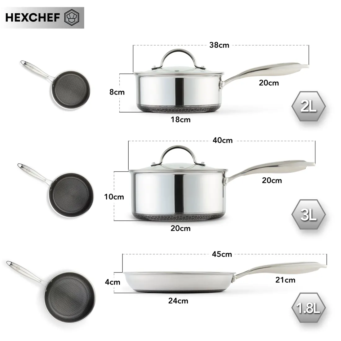 HexChef 5-piece set dimensions: 18cm 2L saucepan, 20cm 3L saucepan and 24cm 1.8L frying pan